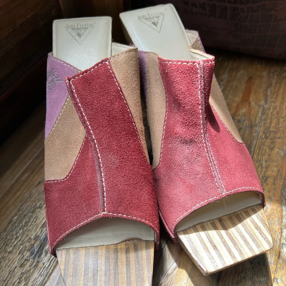 John Fluevog Red Pink Tan Suede Wedge Sandals - Picture 2 of 4